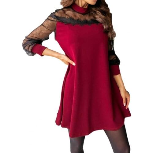 Women Dresses Elegant Polka Dot Print Lace Mesh Sheer Long Sleeve Loose Party Mini Dress vestido de mujer платье летнее женское