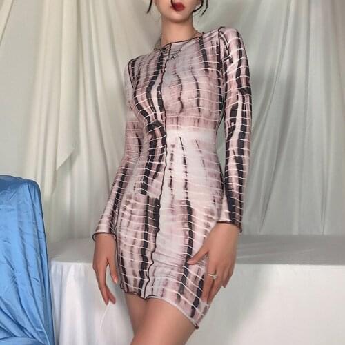Womens long sleeved dresses autumn print personality striped sexy o-neck mini hip dresses ladies basic bodycon inner clothes
