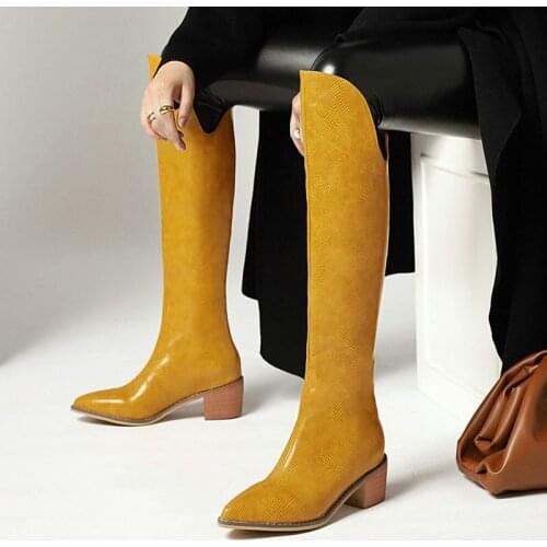 2021 New Winter Western Boots Women PU Leather Slip On Knee High Boots Fashion Pointed Toe Low Heel Autumn Shoes Woman Size34-45