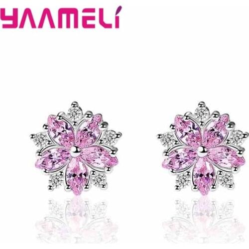 Women Girlfriend Crystal Jewelry Beautiful Pink Flowers Shape Design Cubic Zirconia Stud Earrings 925 Sterling Silver