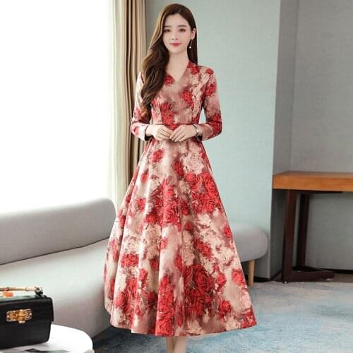 Women Dress Floral Print Long Sleeve V-neck A-line High Waist Slim Vestidos Sukienki Robe Party Dress Plus Size 6369