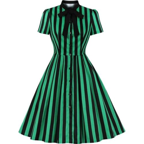 Green black strips Women Summer Dress Short Sleeve Striped Bow Elegant Vintage Pin Up 50s Party Dress Vestidos Plus Size