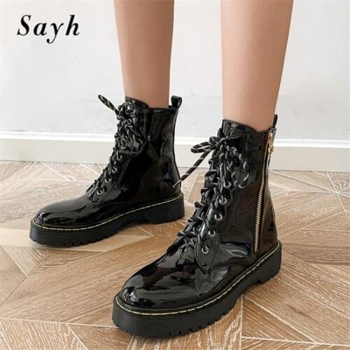 2020 Winter Women Warm Ankle Boots Lace Up Zipper Platform Patent Leather Fur Lining Martin Boots Casual Shoes
