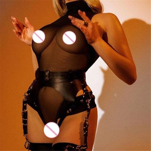 2021 Sexy Transparent Mesh Bodysuit Women Skinny High Neck Sleeveless Bodycon Body Top One Piece Lingerie Sleepwear Clubwear