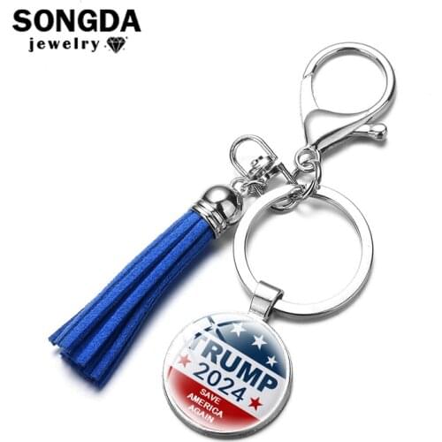 Trump 2024 Save America Again Key Chain Fashion Art Photo Glass Cabochon Pendant Pu Leather Tassel Keychain Trinkets Gift Jewel