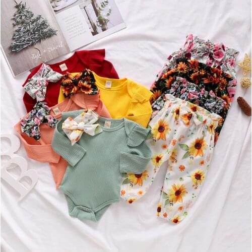 Autumn Spring Baby 3pcs Set Solid Color Lace Long Sleeve Bodysuits Top Bow Flower Print Trousers Hairband Girls Outfits 0-24M