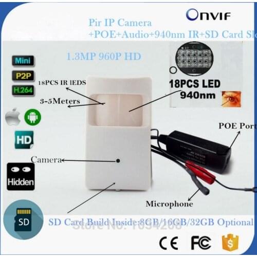 32GB TF 960P Mini IP Camera POE 940Nm led Security Network Camera Night vision PIR IR IP Camera PIR Motion Detector 3.7mm lens