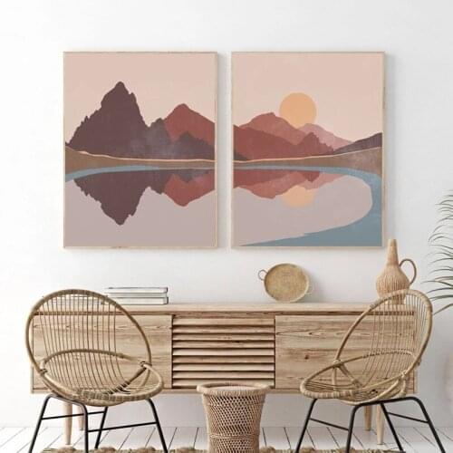Sun and Mountain Mid Century Abstract Landscape Painting Prints Wall Art Canvas Pictures Nordic Poster for Home Decor Modern