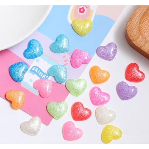 10pcs 15x13mm Bling Glitter Surface Flat Back Love Heart Resin Diy Craft Manualidades
