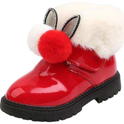 Baby girl boots toddler kids snow bootsPU patent leather warm hair ball cute sweet rhinestone children boots