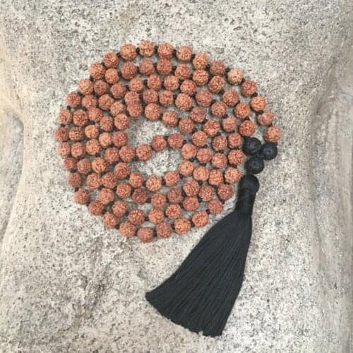 Bodhi Prayer Beads Boho Style Necklace Handmade Tassel Yoga Jewelry Rudraksha & Lava Rock 108 Bead Hand Knotted Mala Necklace