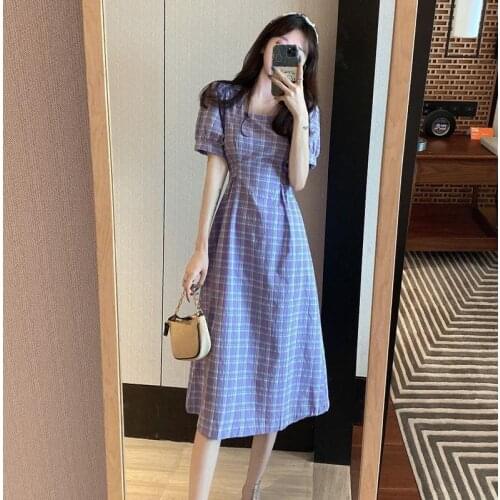 Elegant Plaid Short Sleeve Dress Summer Women 2021 Sweet Bandage Dresses Cottagecore Korean Fashion Long Dress Kawaii Streetwear