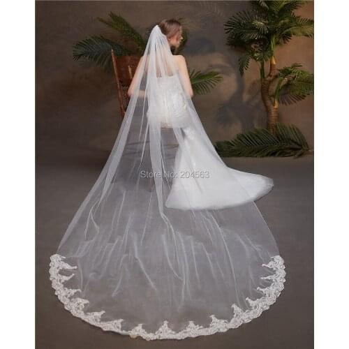 Elegant White or Ivory One-Layer Wedding Veil Lace Edge Tulle Chapel Veil for Bride with Comb HL