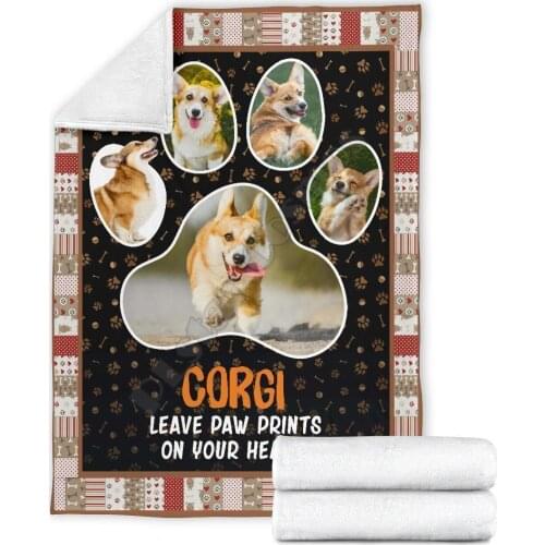 Corgi leave paw prints on your heart fleece blanket funny 3D printed Sherpa Blanket on Bed Home Textiles HOME ACCESSORIES
