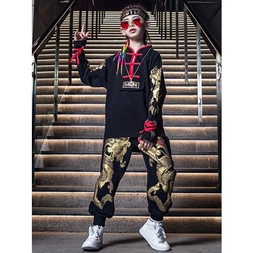 Handsome Street Dance Clothes Kids Hip Hop Performance Stage Costume Hanfu Style Long Sleeves Black Suit Catwalk Outfits BL6875