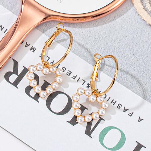Fashion Simple Pearl Heart Earrings for Women Gold Round Hanging Earrings 2021 Trend Party Female Wedding Modern Jewelry Gifts