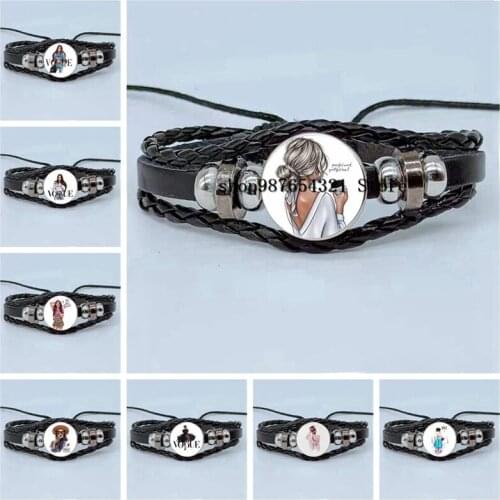 New Urban Fashion Girl Daily Photo Bracelet Cabochon Glass Bracelet Multilayer Braided Leather Bracelet Jewelry