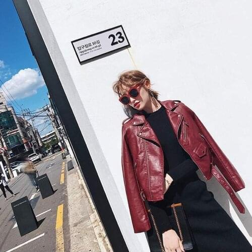 Autumn Women Pu Leather Jacket Plus Belt Fashion Black Motorcycle Coats Short Faux Leather Biker Jackets Coat Female Streetwear