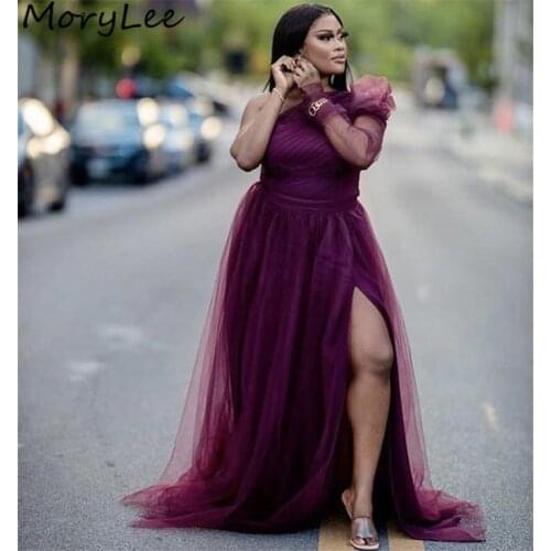 One Shoulder Bridesmaid Dresses Long Sleeves Soft Tulle A-Line Side Slit Bridesmaid Dress Wedding Party Dresses With Zipper Back