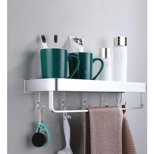 Bathroom Shelf Storage Shelves With Hooks Wall Mount Shampoo Rack With Towel Bar For Bathroom Kitchen Cafe And Closet