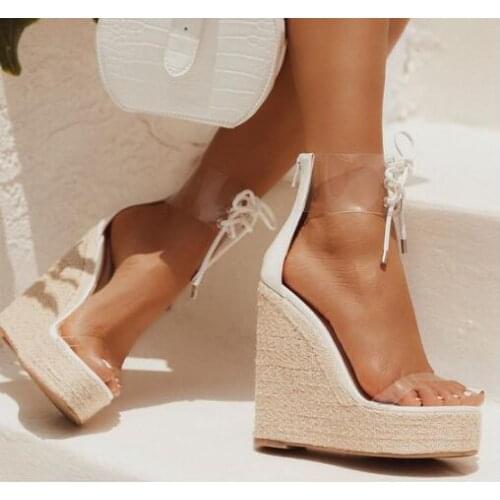 Linamong Summer Woman White Gold Black Clear PVC Wedge Sandals Zipper Back Lace Up Peep Toe High Heel Platform Casual Sandals