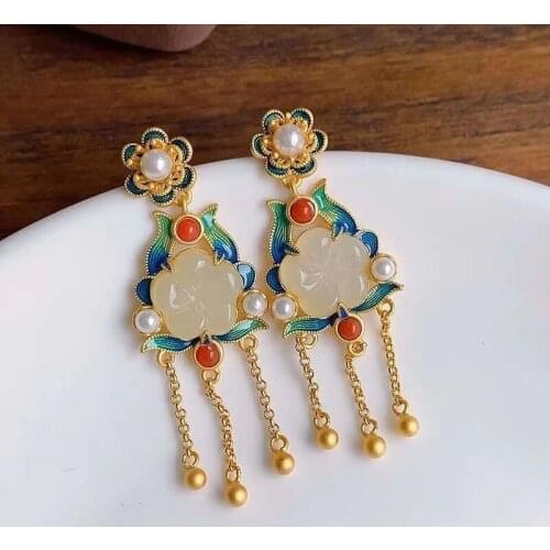 Natural Hetian jade long Tassel Earrings Chinese retro court style light luxury noble elegant womens silver jewelry