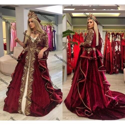 Traiditional Kosovo Burgundy Evening Dresses Long Sleeves Morrocan Kaftan Prom Dress Beaded Party Gown Celebrity Sukienki