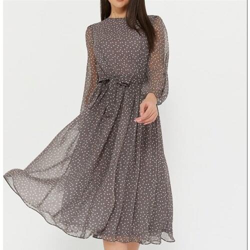 Vintage Dot Point a Line Party Dress Long Sleeve o Neck Casual Mesh Bandage Midi Dress 2021 Summer Boho Beach Style Zipper