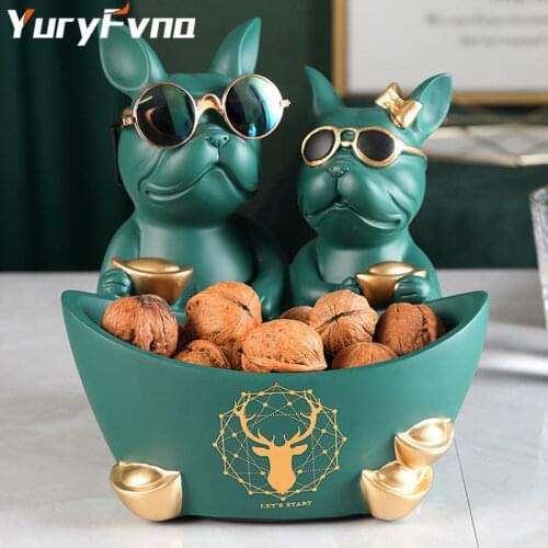 YuryFvna 21.5cm Nordic Resin Bulldog Dog Statue Storage Decoration Key Tray Couples Candy Tray Home Desktop Decoration