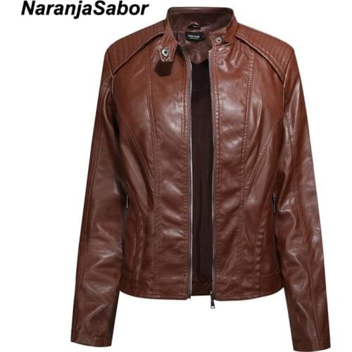 NaranjaSabor New Womens PU Jacket Spring Autumn Motor Biker Leather Jacket Zipper Slim Short Coat Female Stand-up Collar NQ007