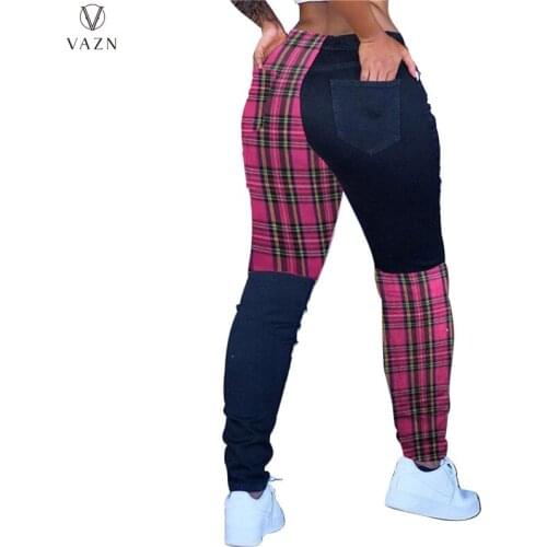 VAZN 2021 INS Plus Size Patchwork Classic Plaid Casual Daily Free Young Joker High Waist Braid Women Long Pencil Pants