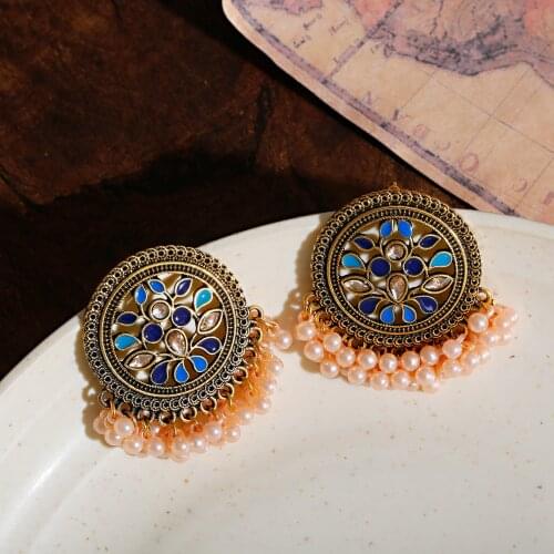 Womens Blue Flower Wedding Earrings Retro Ethnic Gold Round Hollow Alloy Pearl Beads Jhumka Earring
