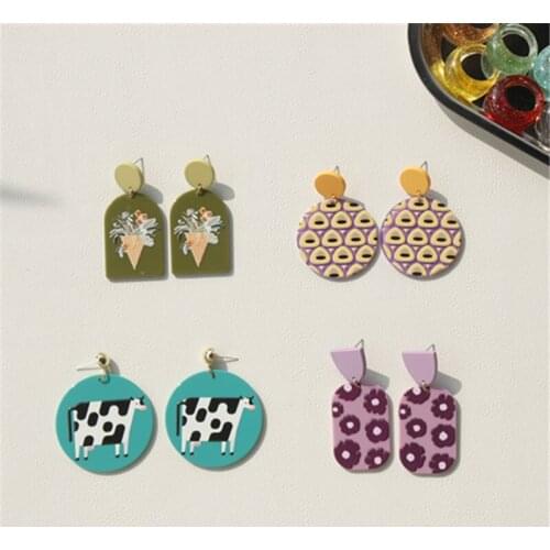 AOMU 2021 Vintage Acrylic Geometric Round Arched Flower Dots Cows Pattern Drop Earrings for Women Fashion Jewelry Accessories