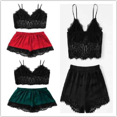 2PCS S-XXL Satin Pyjama Suit Lace Europe And America Hot Models Erotic Lingerie Sexy Temptation Nightgown