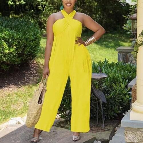 Women Halter Backless Solid Loose Jumpsuit Casual Wide Leg Pants Overalls