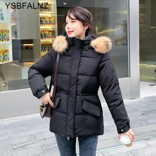 2021 Casaco Feminino Inverno Short Thicken Hooded Raccoon Fur Fur Collar Coats Draw Back Slim Long Sleeve Autumn Warm Clothing