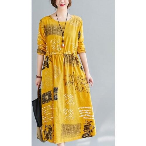 2021 New Long Sleeve Spring Dress Soft Cotton Linen Women Dress Print Floral Drawstring Vintage Dress Casual Midi Autumn Dress