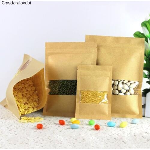 100 Pcs Kraft Paper Food Bag with Zip Lock, Reusable Sealing Bag Pouch with Clear Window for Storing Cookie Dried Food Snack