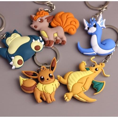 11 Styles Pokemon Keychains PVC Characters Squirtle Vulpix Eevee Pikachu Figurines Key Ring Decoration Gift