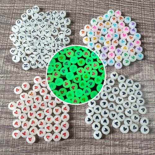 200/300/500pcs Luminous English Letter Beads Heart Acrylic Beads for Making Bracelet DIY Kid Jewelry Accessories Glowing in Dark
