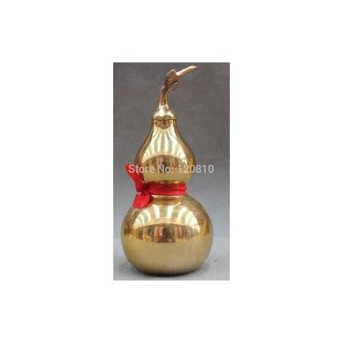 7" China Copper Gold calabash cucurbit gourd Statue the Eight Diagrams stamp