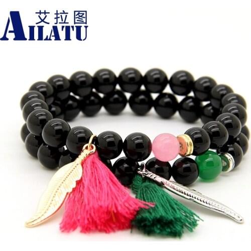 Ailatu Trendy Tassel Bracelet 8mm Stone Beads with Feather Charm Couple Lucky Bracelet lovers Gift Jewery