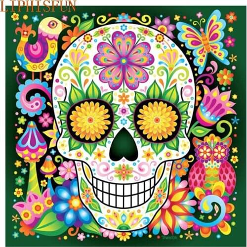 Diamond Painting Cross Stitch Full Square Round Picture of Rhinestone DIY Mosaic Embroidery Skull Flower New Year Gift