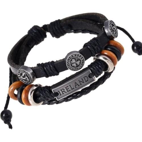 Fashion Ireland Beads Bracelet for Women Men Vintage Retro Multilayer Leather Clover Charm Bangle Wrap Wristbands Casual Jewelry