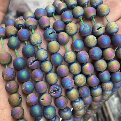 Natural Stone Electroplated Colorful Druzy Agate Beads 6 8 10 12mm Pick Size 15'' Round Loose Gemstone Beads For Jewelry Making