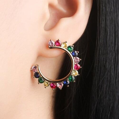 E Colorful Crystal Earrings C Shape Round Earring for Women Bohemian Summer Fashion Jewelry Gift