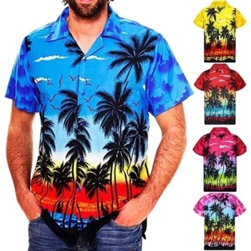Summer Mens Fashion Short Sleeve T-shirt Hawaiian Style Casual Loose Palm Motif Printed Short Sleeved Shirt