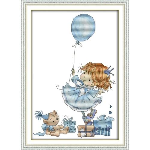 Joy sunday cartoon style The little girl with a balloon printable cross stitch patterns kits for easy designss kids handcraft