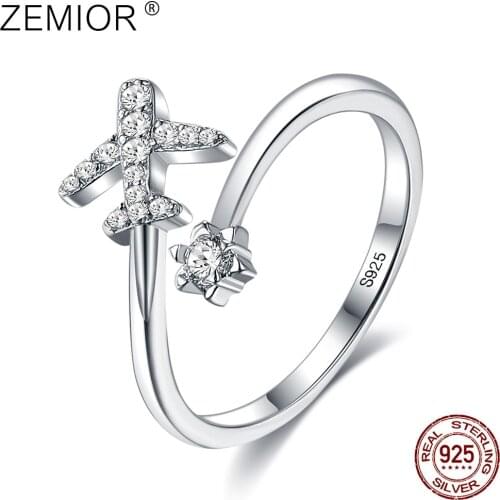 ZEMIOR Genuine 925 Sterling Silver Flying Plane Open Rings For Women Cubic Zirconia Adjustable Birthday Ring Gift Fine Jewelry