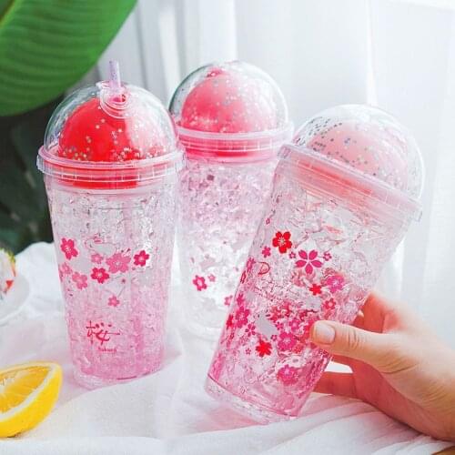 Creative Sequin Plastic Water Bottle Kawaii Cherry Blossom Crushed Ice Cup Summer Ice Drink Bottle with Straw Coffee Juice Cups